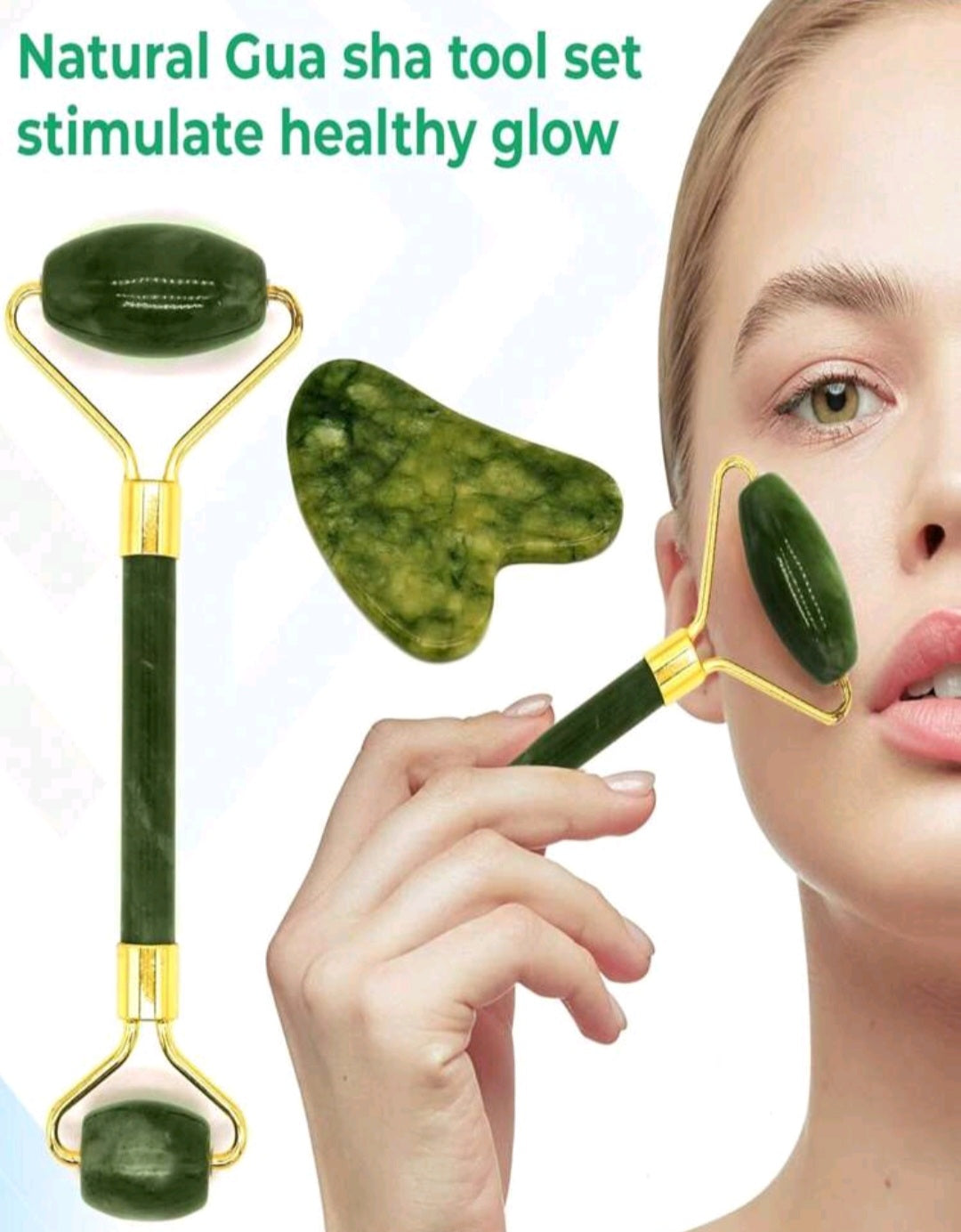 Natural Gua Sha & Jade Roller For Face Set Self Facial Skin Care Tools