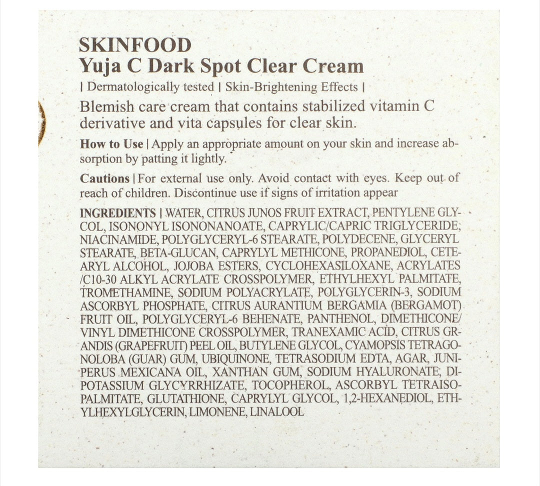 SKINFOOD

Yuja C, Dark Spot Clear Cream, 2.06 fl oz (61 ml)