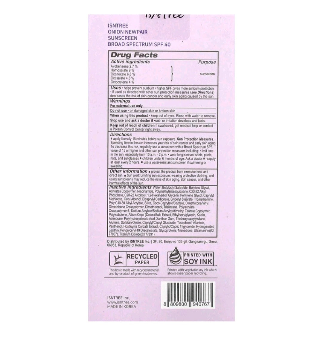INStree Purple Protector, Onion Newpair Sunscreen, SPF 40, 1.69 fl oz (50 ml)