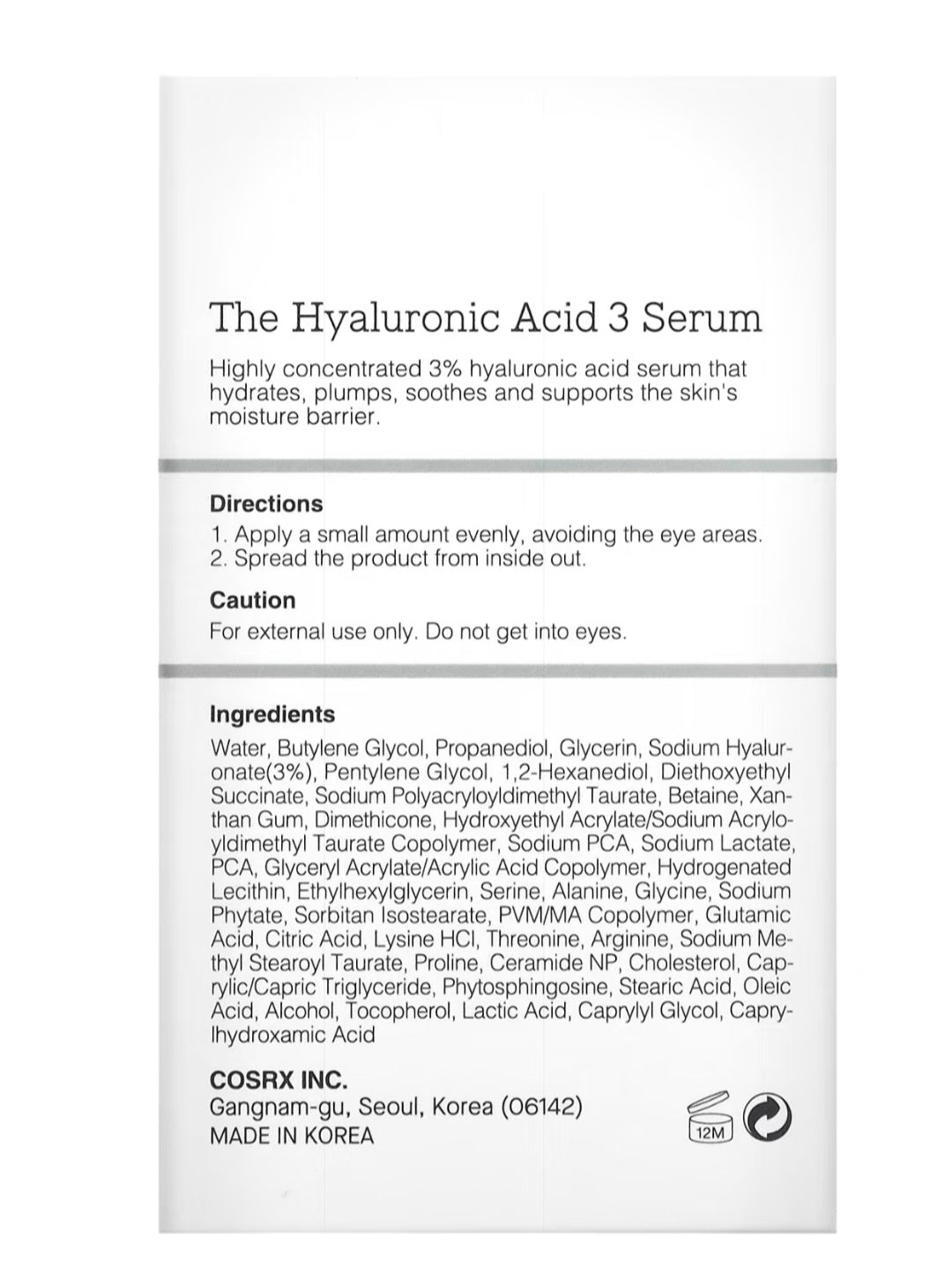 Cosrx, The Hyaluronic Acid 3 Serum, 0.67 fl. oz. 20 ml