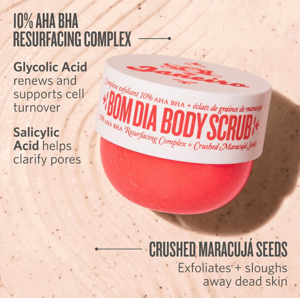 Sol de Janeiro
Bom Dia Body Scrub 10% AHA BHA Resurfacing Complex + Crushed Maracujá Seeds