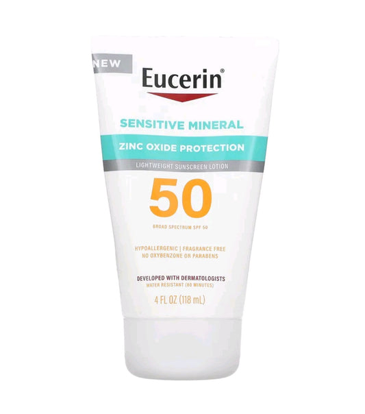 Eucerin Sensitive Mineral, Lightweight Sunscreen Lotion, SPF 50, Fragrance Free, 4 fl oz (118 ml)