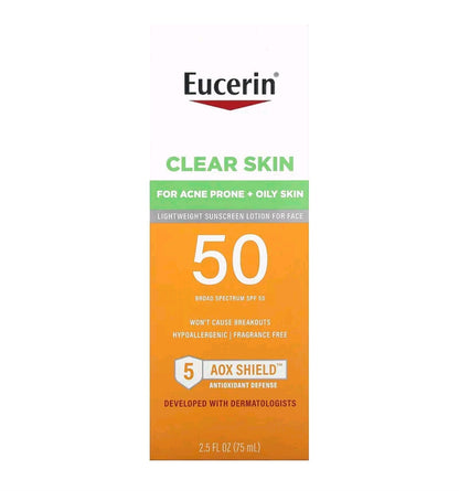 Eucerin Clear Skin, Lightweight Sunscreen Lotion for Face, SPF 50, Fragrance Free, 2.5 fl oz (75 ml)