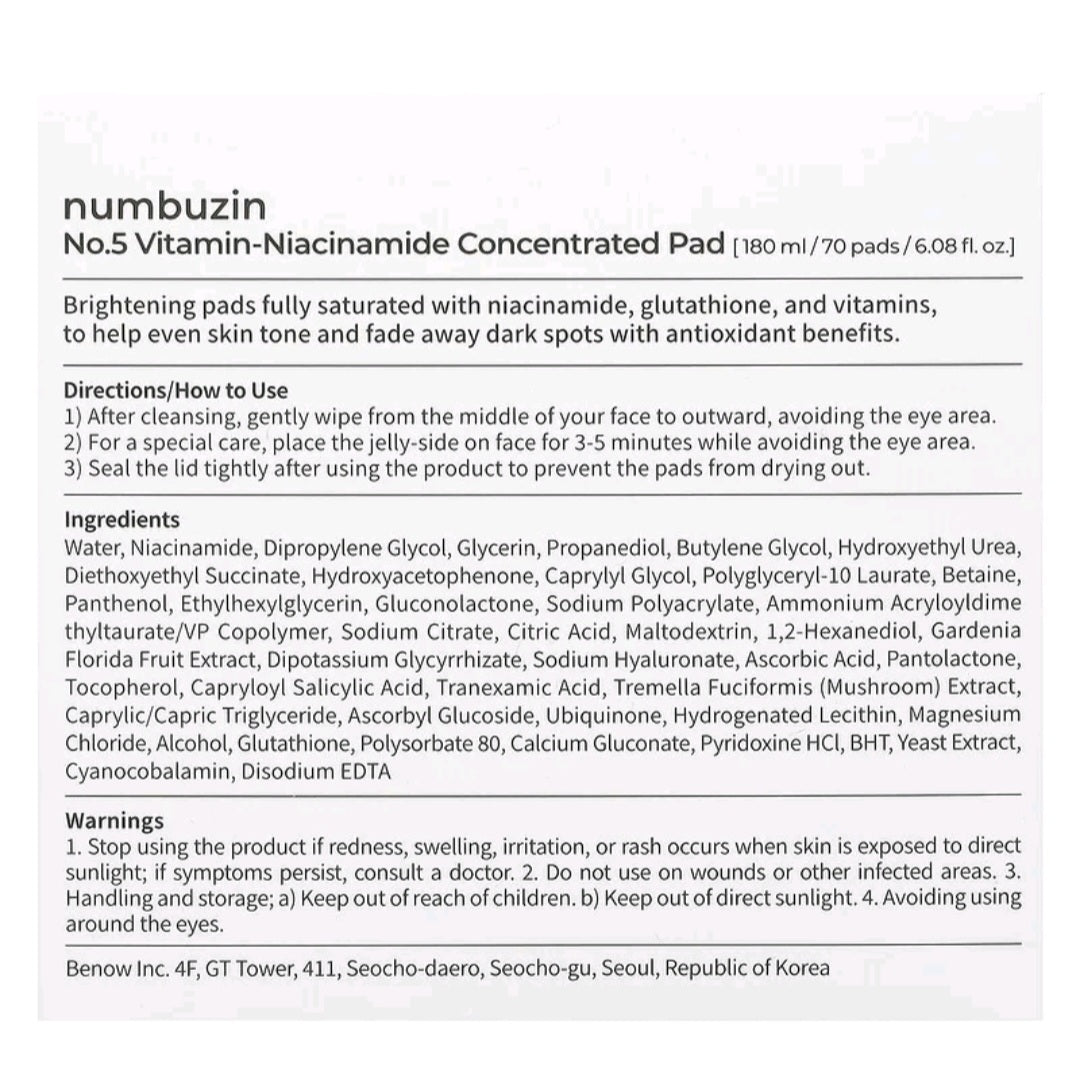 Numbuzin No.5 Vitamin-Niacinamide Concentrated Pad , 70 Pads, 6.08 fl oz (180 ml)