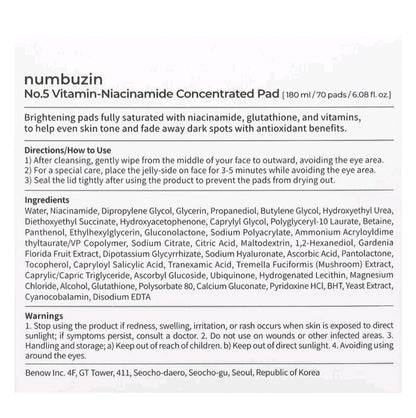 Numbuzin No.5 Vitamin-Niacinamide Concentrated Pad , 70 Pads, 6.08 fl oz (180 ml)