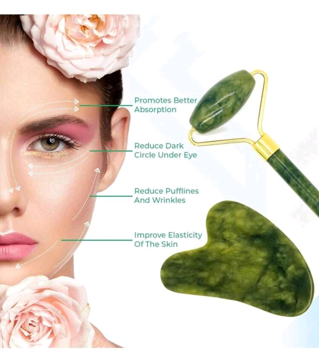 Natural Gua Sha & Jade Roller For Face Set Self  Facial Skin Care Tools