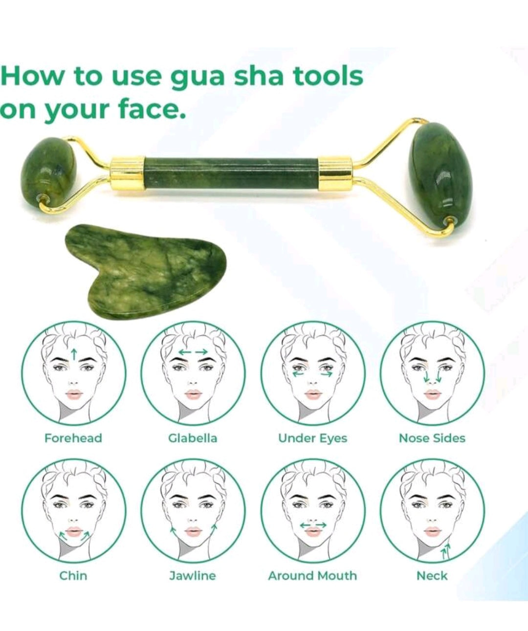 Natural Gua Sha & Jade Roller For Face Set Self  Facial Skin Care Tools