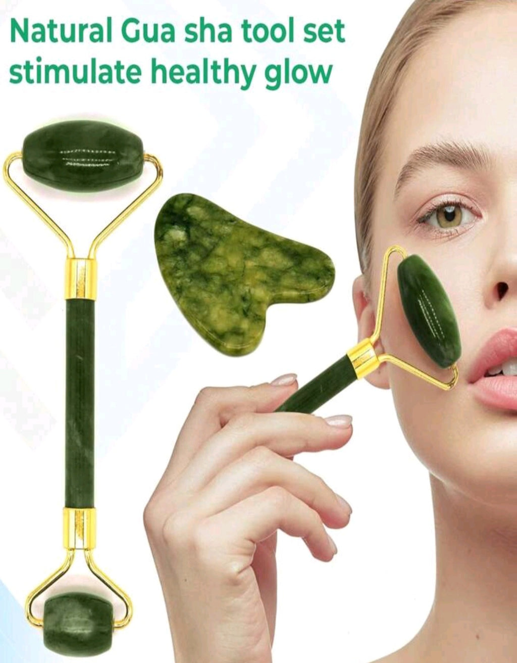 Natural Gua Sha & Jade Roller For Face Set Self  Facial Skin Care Tools