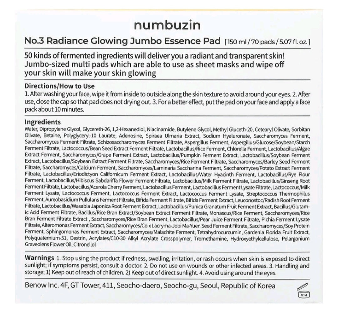 Numbuzin No 3 Radiance Glowing Jumbo Essence Pad, 70 pads, 5.07 fl oz (150 ml