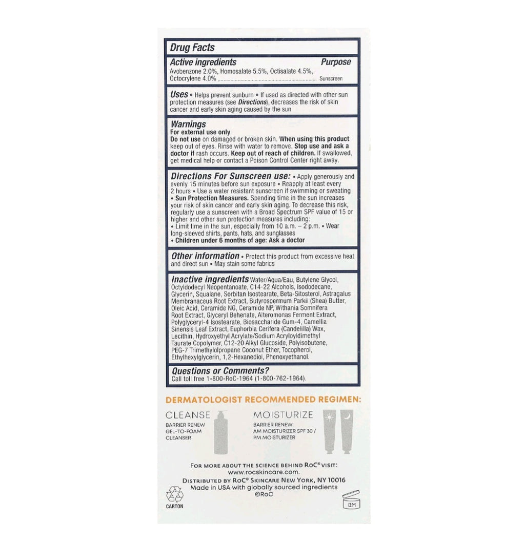 RoC Barrier Renew, AM Moisturizer, SPF 30, Fragrance- Free, 2.5 fl oz ( 74 ml)