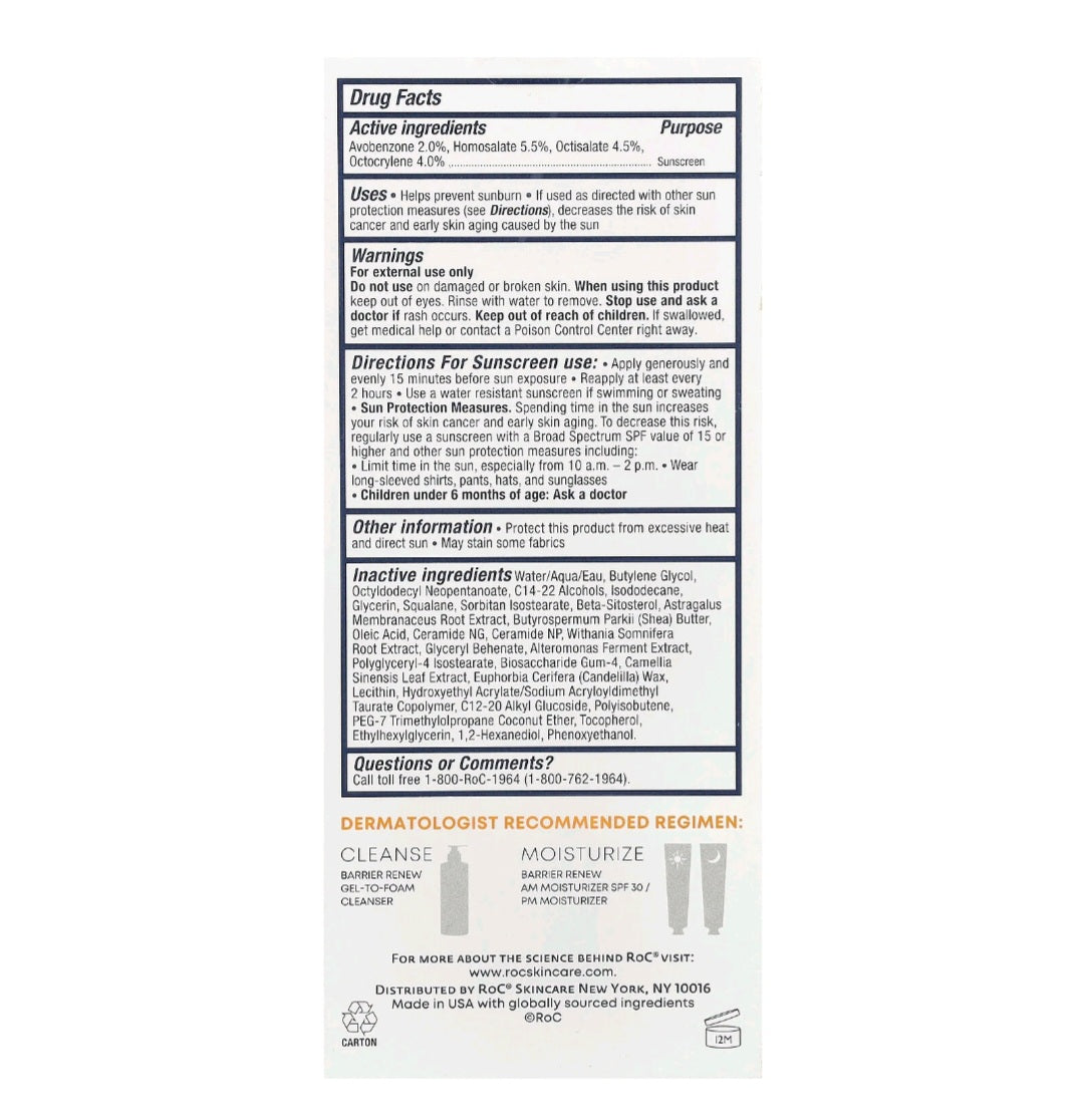RoC Barrier Renew, AM Moisturizer, SPF 30, Fragrance- Free, 2.5 fl oz ( 74 ml)