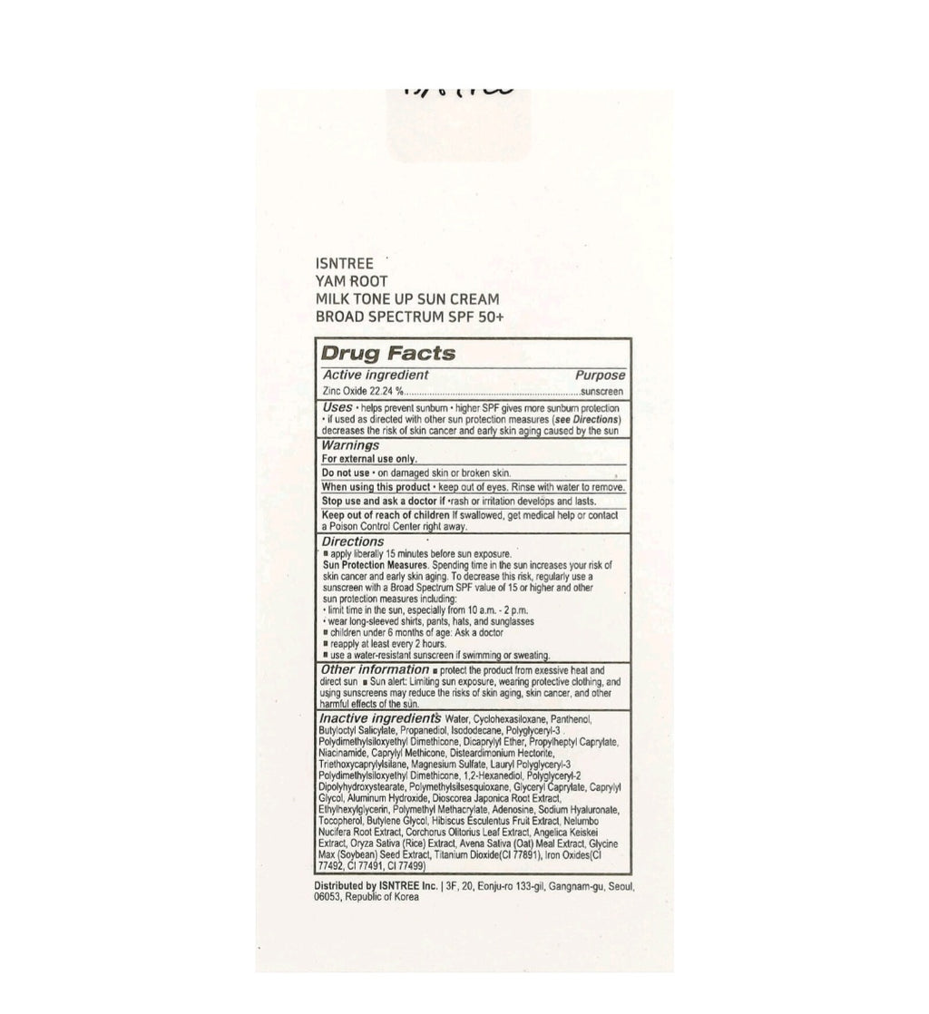 Isntree Yam Root Milk Tone Up Sun Cream SPF50+ PA++++ – 50ml | Hydrating Tinted Sunscreen