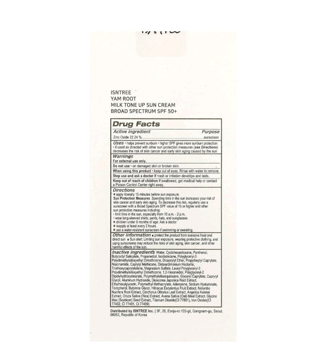 Isntree Yam Root Milk Tone Up Sun Cream SPF50+ PA++++ – 50ml | Hydrating Tinted Sunscreen