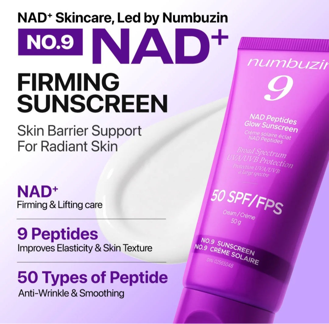 Numbuzin No.9 NAD+ Bio Super Defense, PEPTIDES Glow Sunscreen, SPF50