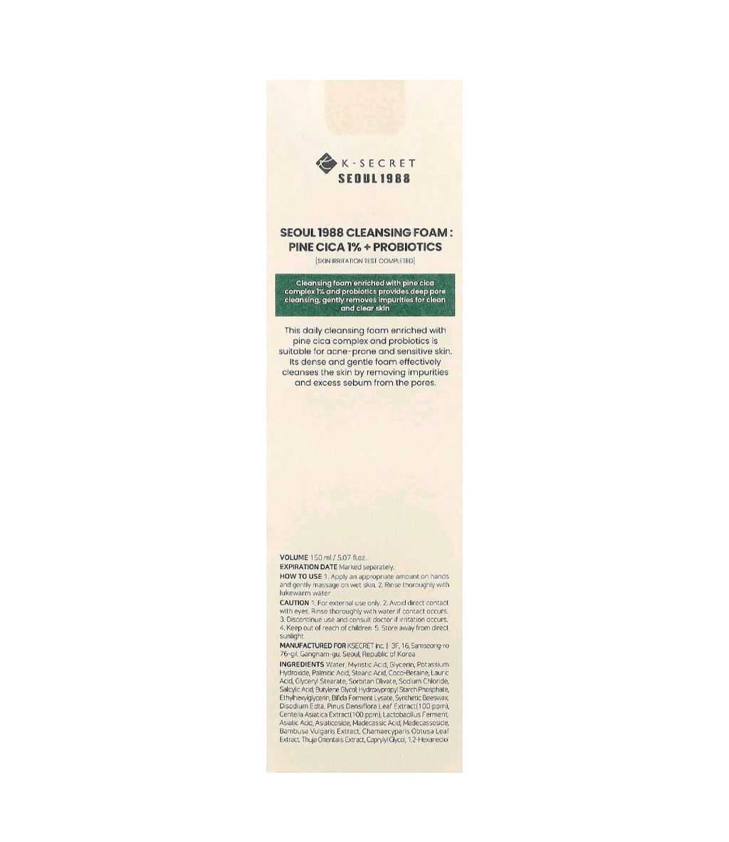 K-Secret Seoul 1988 Cleansing Foam: Pine Cica 1% + Probiotics 150ml