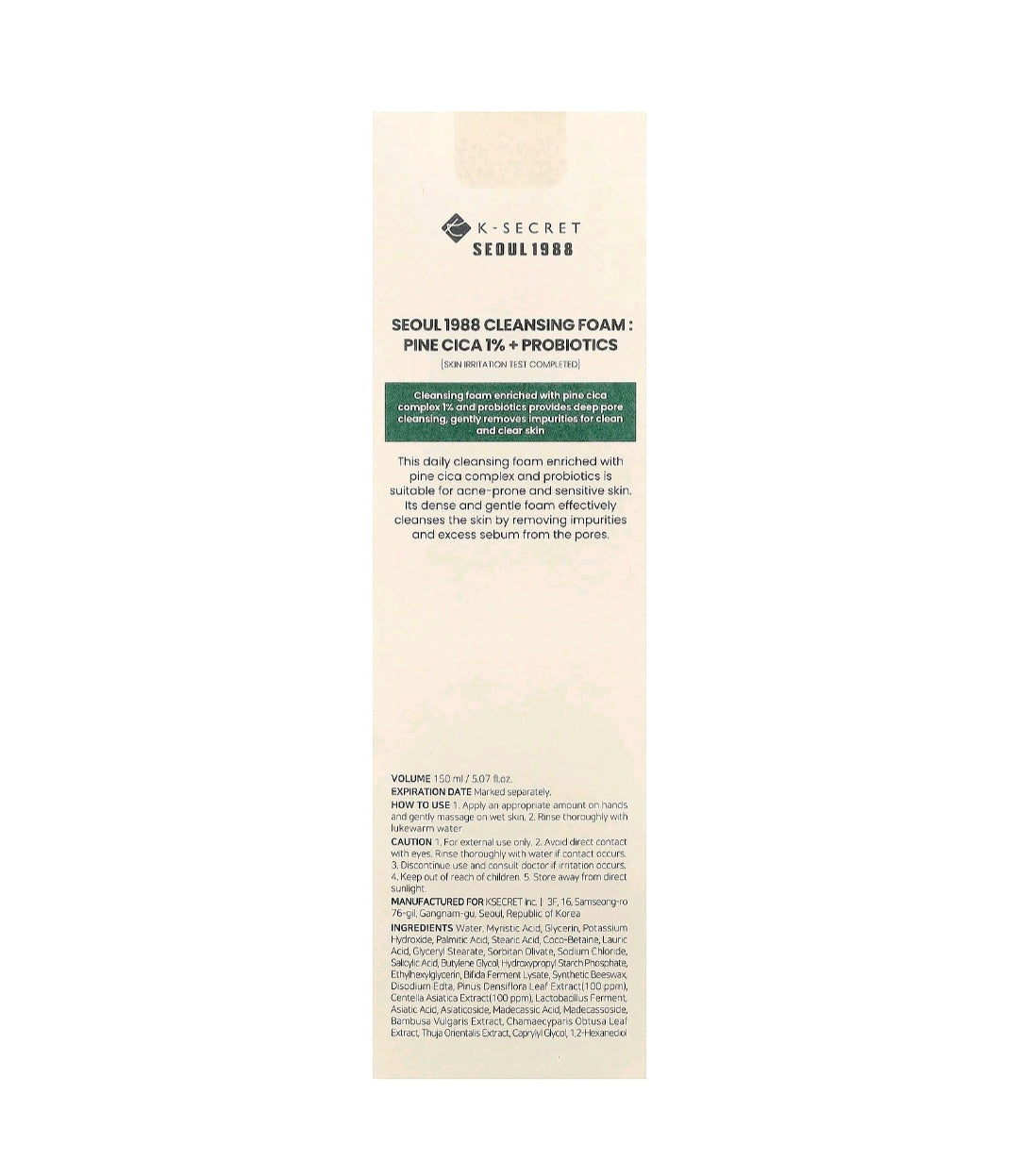 K-Secret Seoul 1988 Cleansing Foam: Pine Cica 1% + Probiotics 150ml