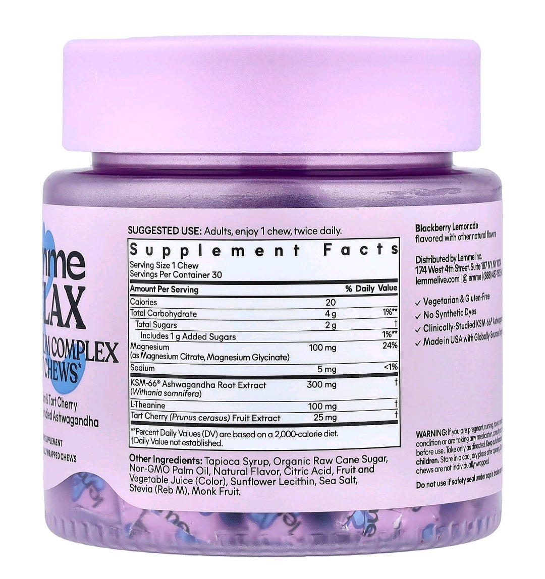 Lemme Relax Magnesium Soft Chews, Blackberry Lemonade, 30 individually Wrapped Chews
