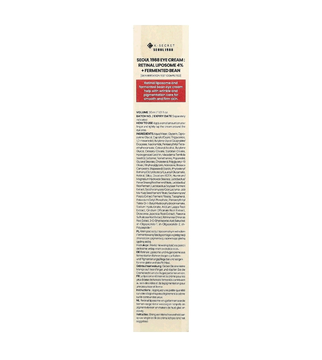K-SECRET SEOUL 1988 Eye Cream : Retinal Liposome 4% + Fermented Bean 30ml
KSECRET