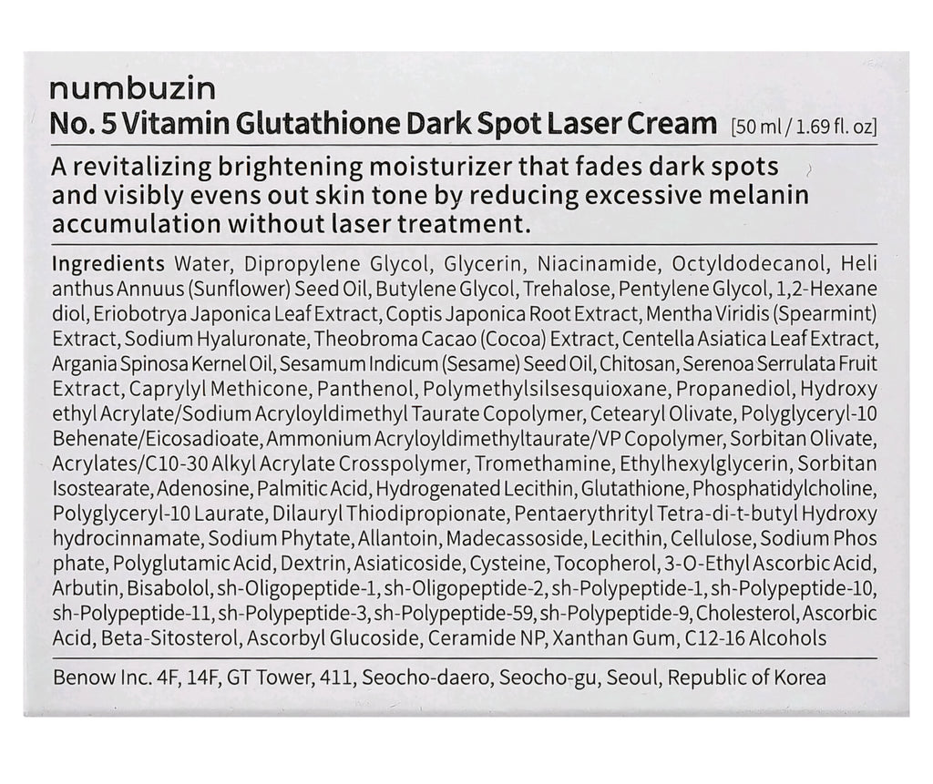 Numbuzin No.5+ Glutathione Vitamin Dark Spot  Laser Cream 50ml