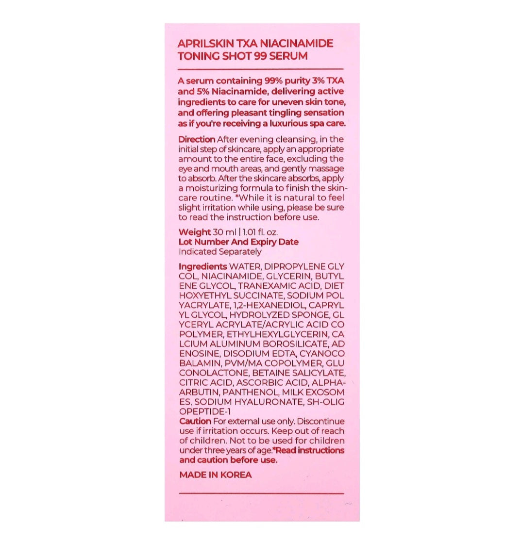 APRILSKIN TXA Niacinamide Toning Shot 99 Serum – 30ml | Spicule-Infused Brightening & Pore Care Serum
