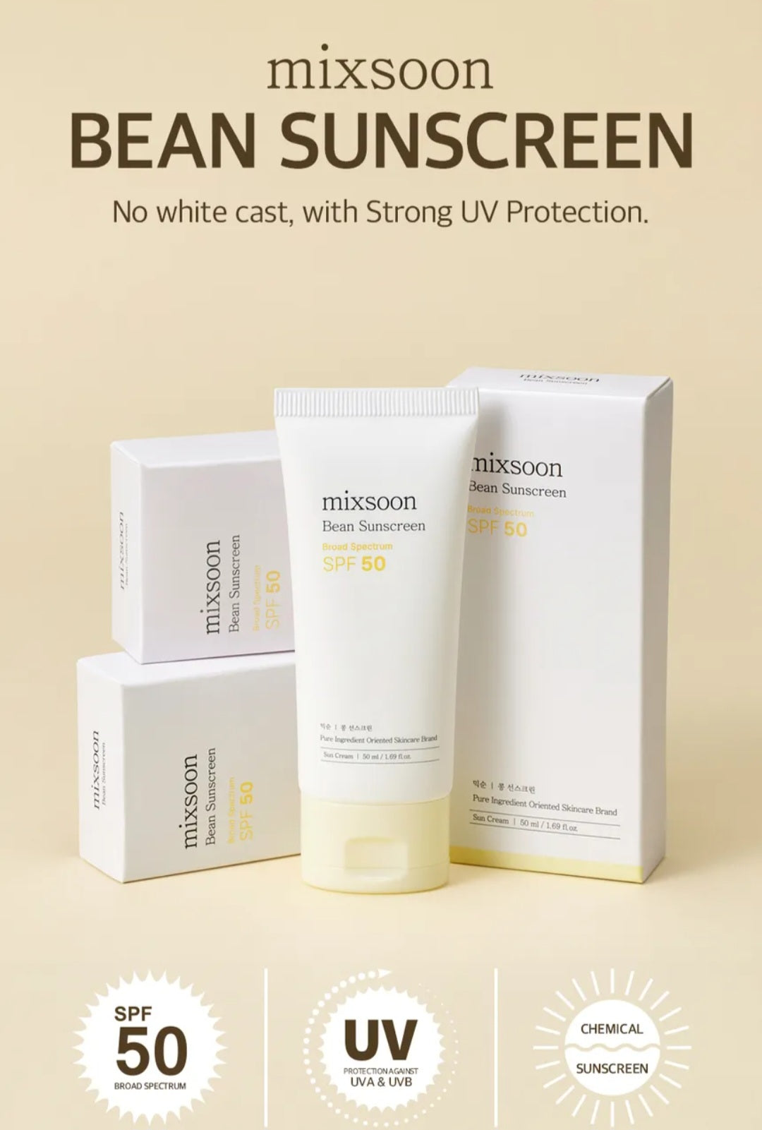 mixsoon - Bean Sunscreen, SPF50, 1.69 fl oz (50ml)