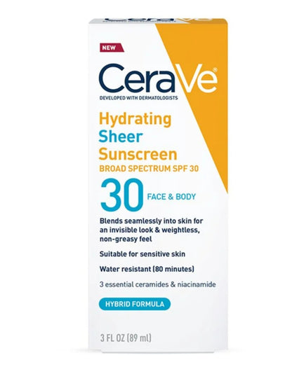 Cerave, Hydrating Sheer Sunscreen Broad Spectrum SPF 30 for Face & Body