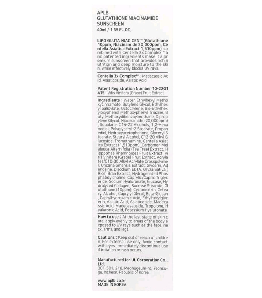 APLB Glutathione Niacinamide, Sunscreen, SPF 50+ PA ++++, 1.35 fl oz (40 ml)