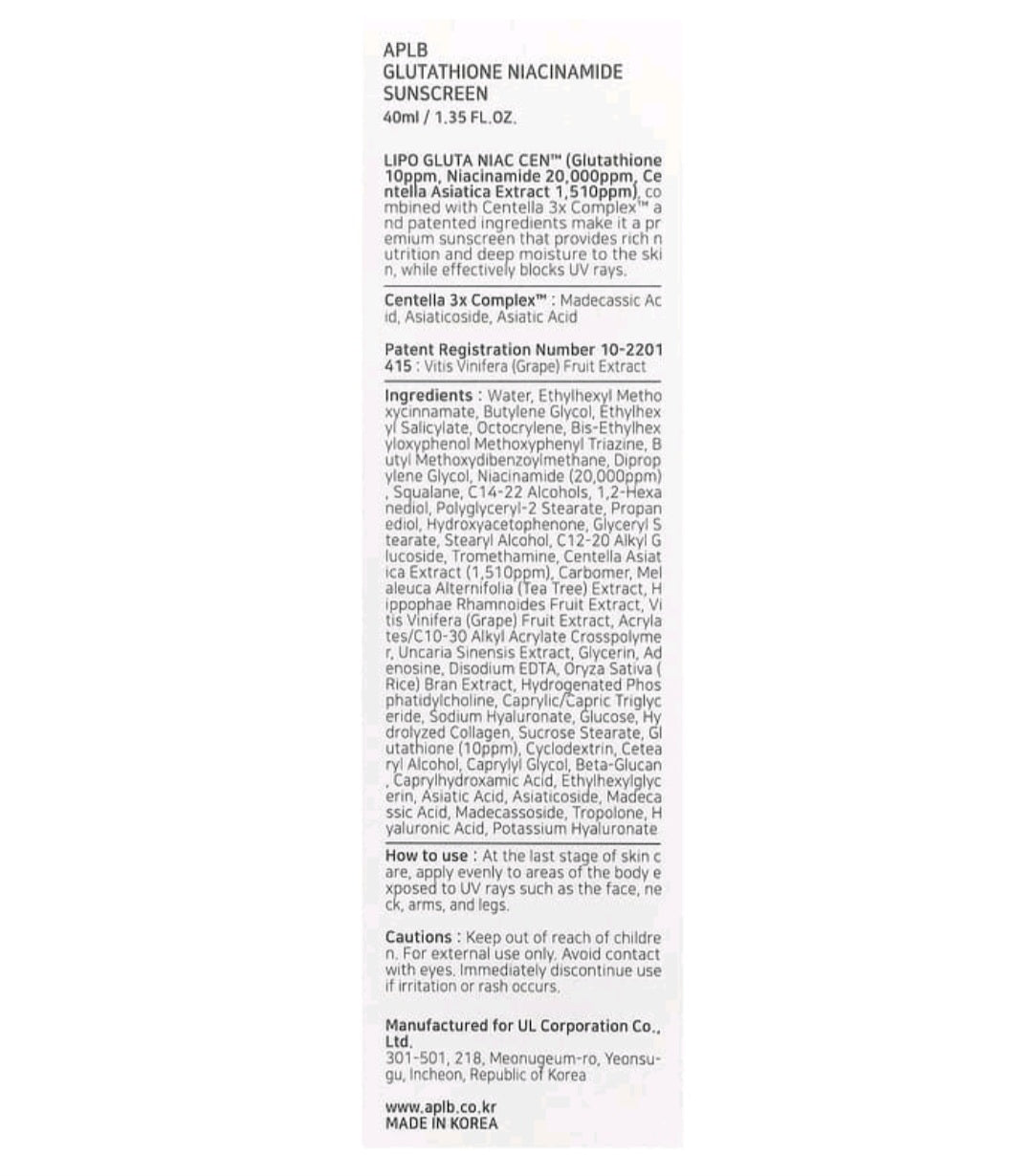 APLB Glutathione Niacinamide, Sunscreen, SPF 50+ PA ++++, 1.35 fl oz (40 ml)