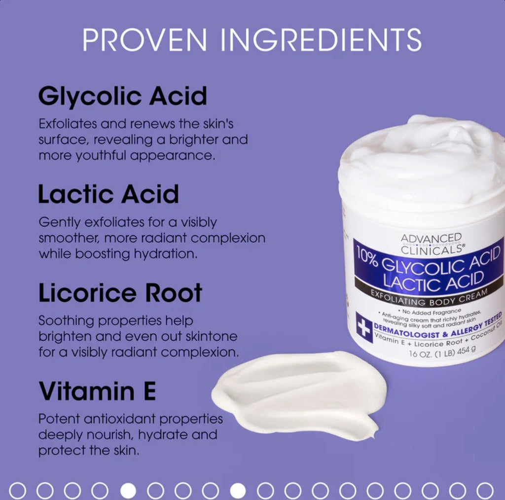 Advanced Clinicals 10% Glycolic Acid + Lactic Acid Exfoliating Body Cream 454g