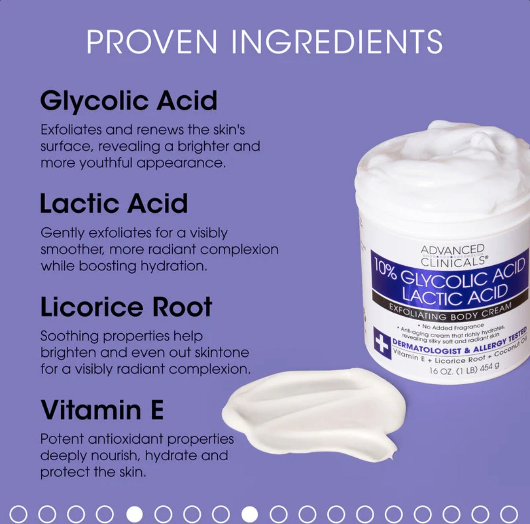 Advanced Clinicals 10% Glycolic Acid + Lactic Acid Exfoliating Body Cream 454g