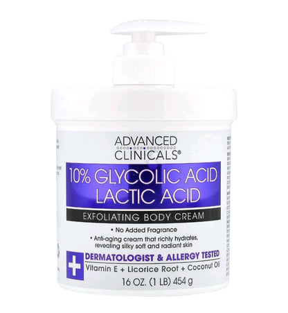 Advanced Clinicals 10% Glycolic Acid + Lactic Acid Exfoliating Body Cream 454g