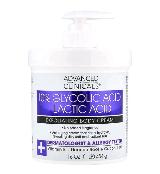 Advanced Clinicals 10% Glycolic Acid + Lactic Acid Exfoliating Body Cream 454g