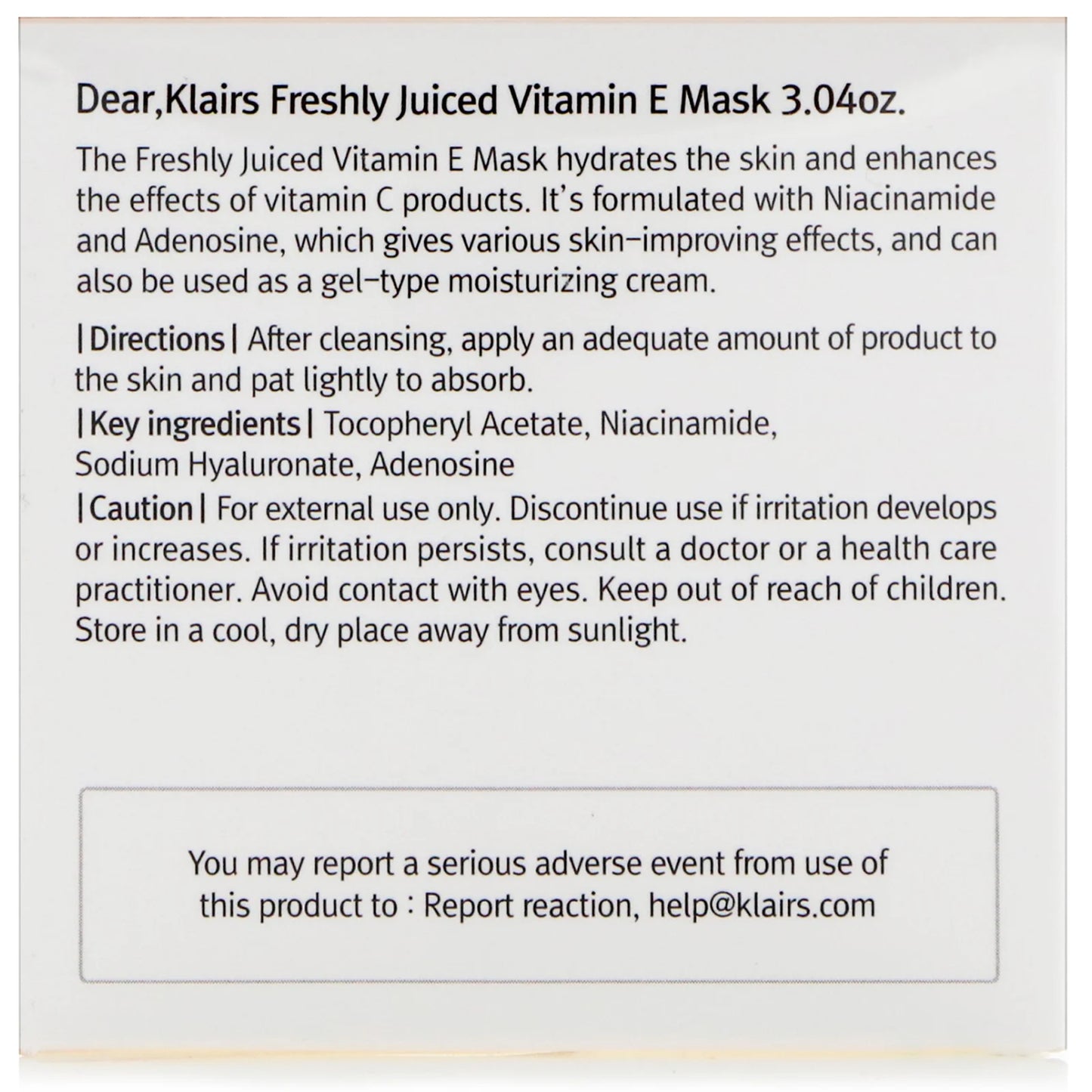 Dear, Klairs, Freshly Juiced Vitamin E Beauty Mask