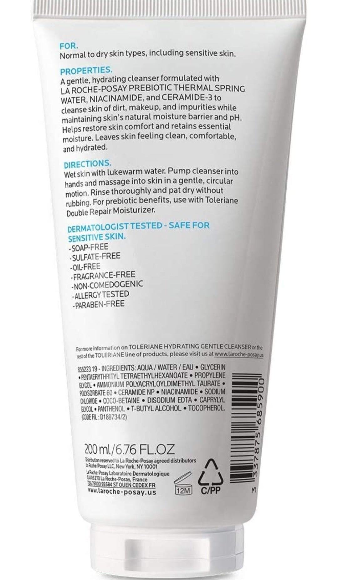 La Roche Posay, TOLERIANE HYDRATING GENTLE FACIAL CLEANSER