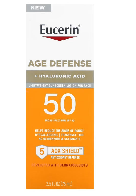 Eucerin, Age Defense, Lightweight Sunscreen Lotion For Face, SPF 50, Fragrance Free