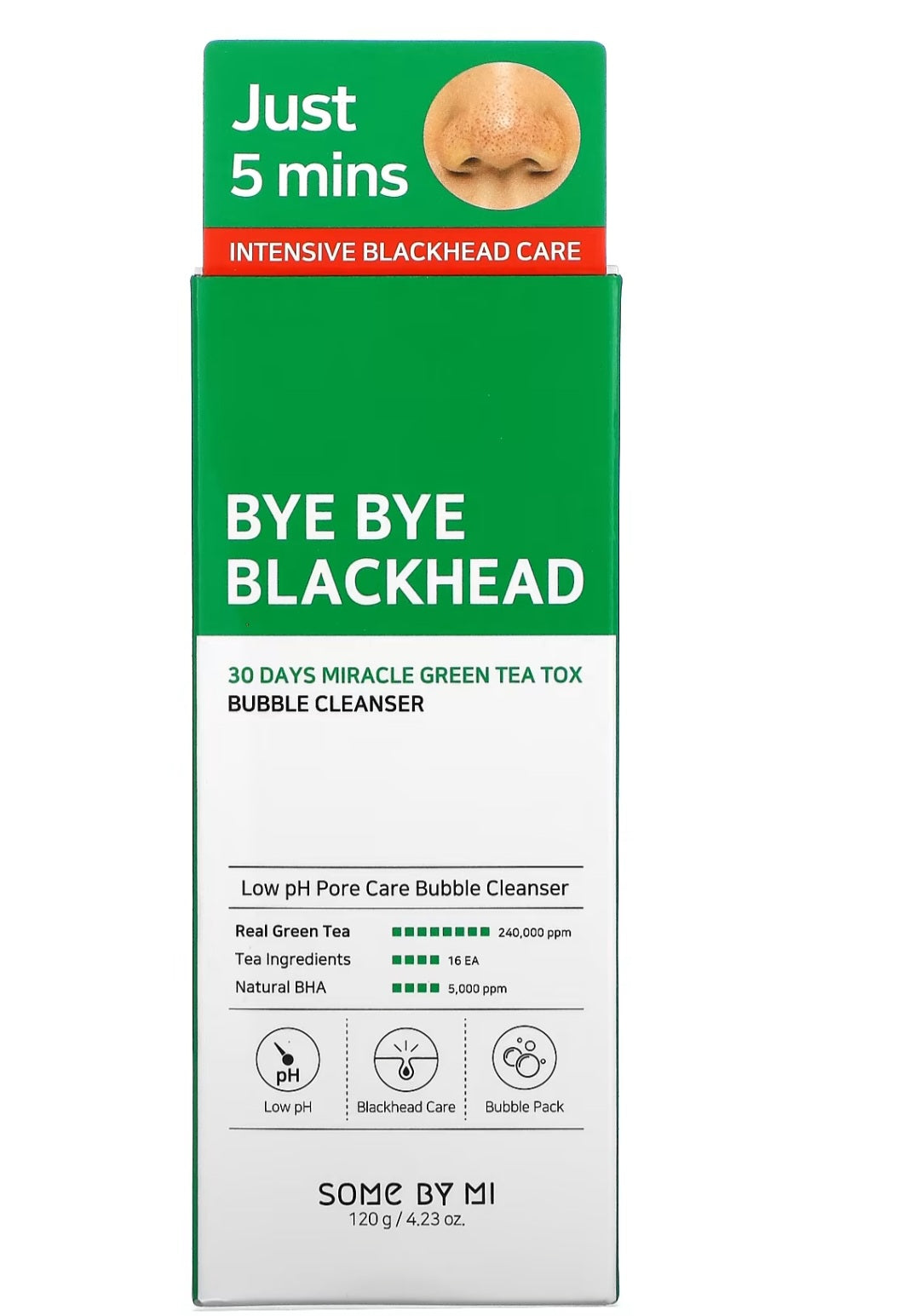Some By Mi, Bye Bye Blackhead, 30 Days Miracle Green Tea Tox, Bubble Cleanser, 4.23