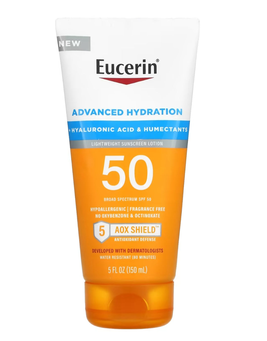 Eucerin,

Advanced Hydration, Lightweight Sunscreen Lotion, SPF 50, Fragrance Free, 5 fl oz (150 ml)
